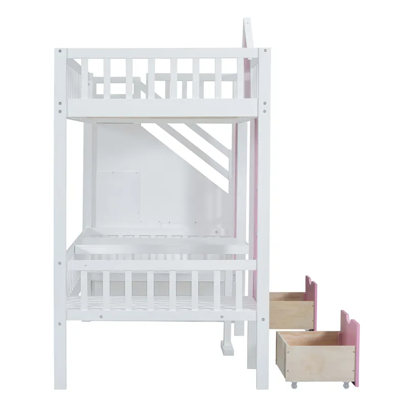 Twin Over Twin Bunk Bed With Changeable Table, Bunk Bed Turn Into Upper Bed And Down Desk - Pink