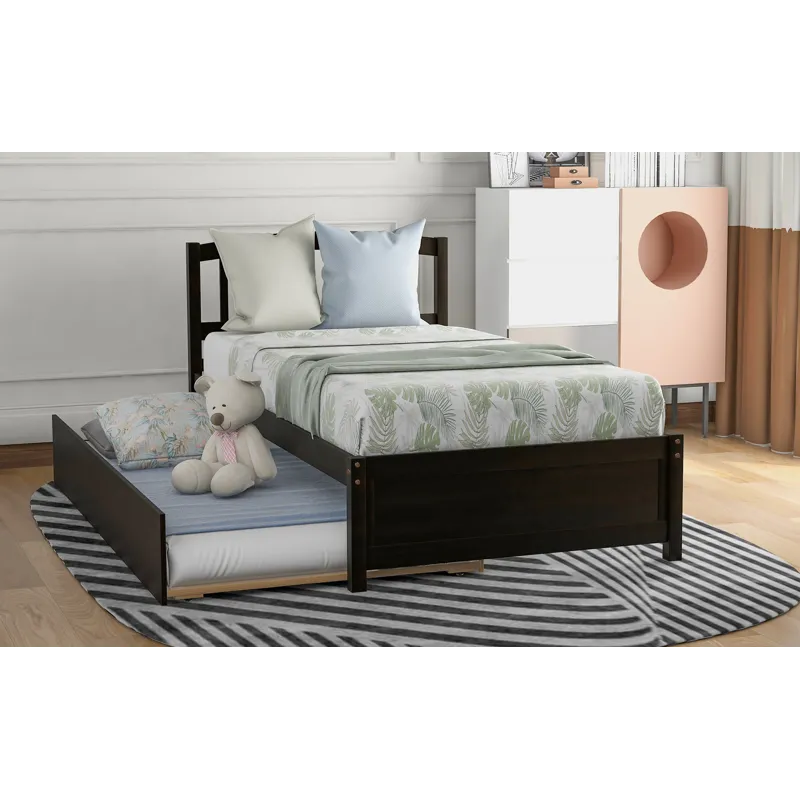 Twin Size Platform Bed Wood Bed Frame With Trundle - Espresso