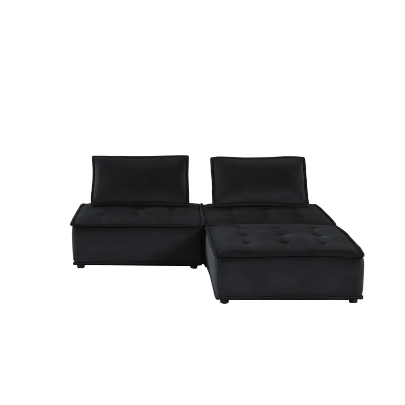 Anna - Velvet 3 Piece Sectional Sofa Ottoman - Black