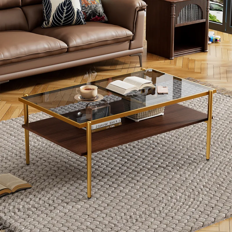 Rectangle Coffee Table With Tempered Glass Top, Modern Table For Living Room - Gray / Gold
