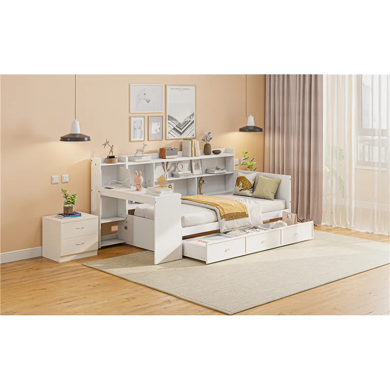 Twin Size Wooden Daybed With 3 Drawers, USB Ports And Desk - White
