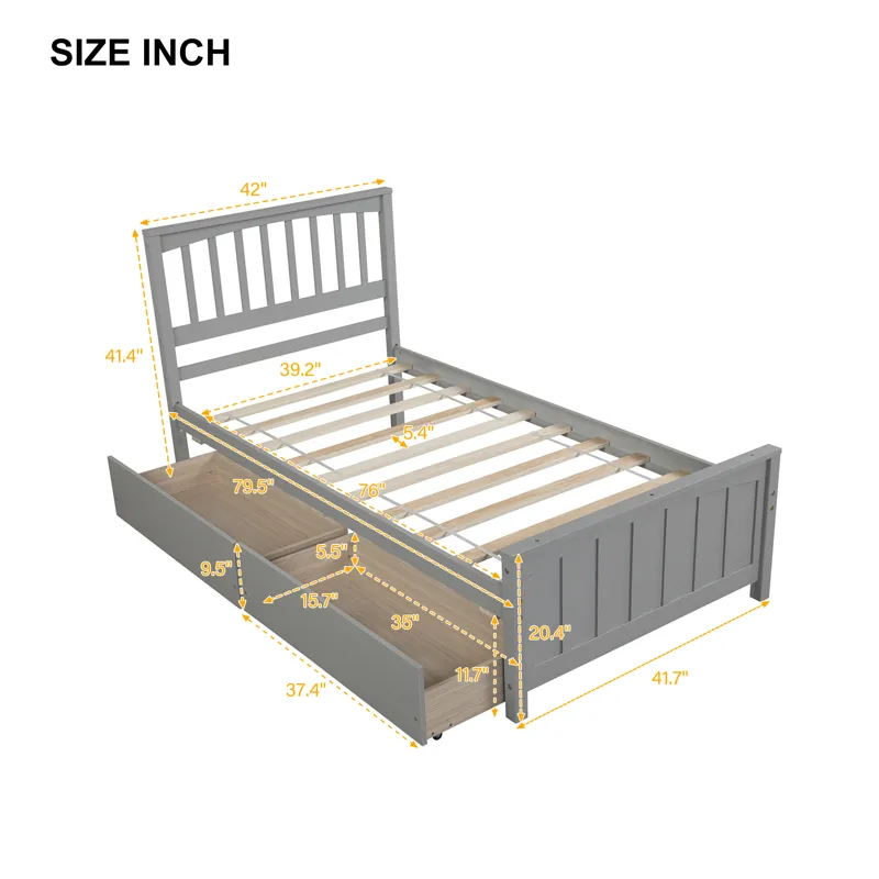Twin Size Platform Bed With Two Drawers - Gray
