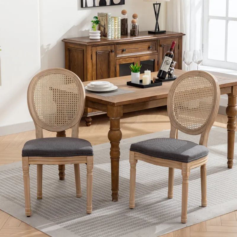 French Style Solid Wood Frame Antique Painting Linen Fabric Rattan Back Dining Chair (Set of 2) - Gr