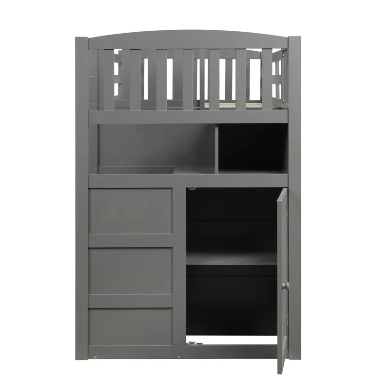 Twin Over Full / Twin Bunk Bed, Convertible Bottom Bed, Storage Shelves And Drawers - Gray