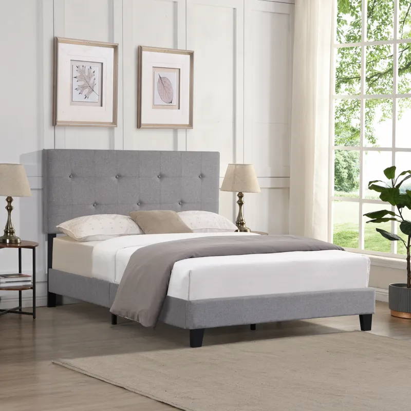 Full Size Upholstered Platform Bed Frame With Modern Button Tufted Linen Fabric Headboard, No Box Sp
