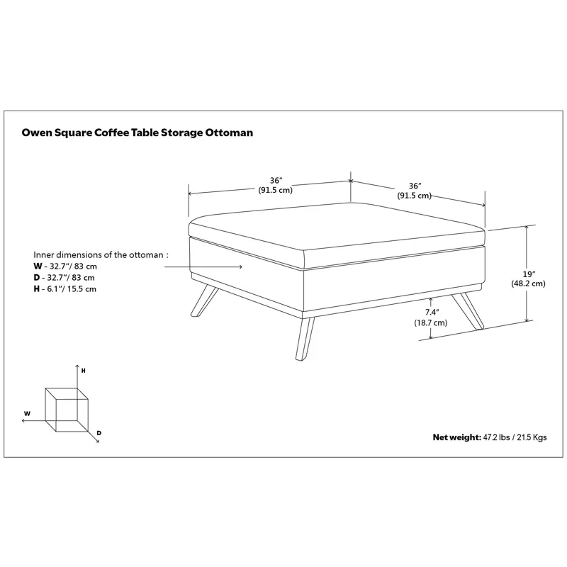 Owen - Square Coffee Table Storage Ottoman - Distressed Dark Blue