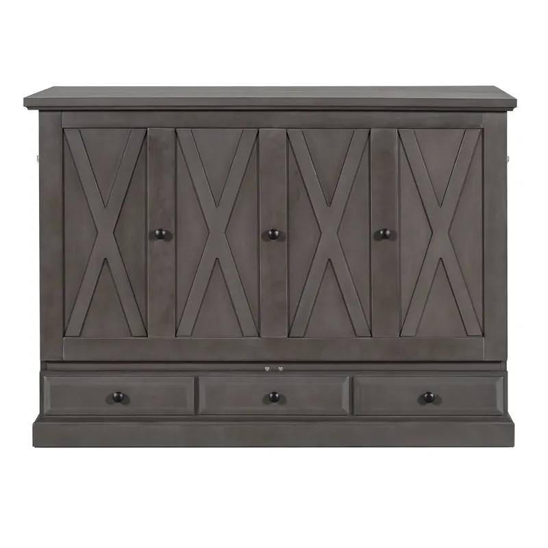 Full Solid Pine Murphy Bed Chest Cube Cabinet Bed With Charging Station And Large Storage Drawer For