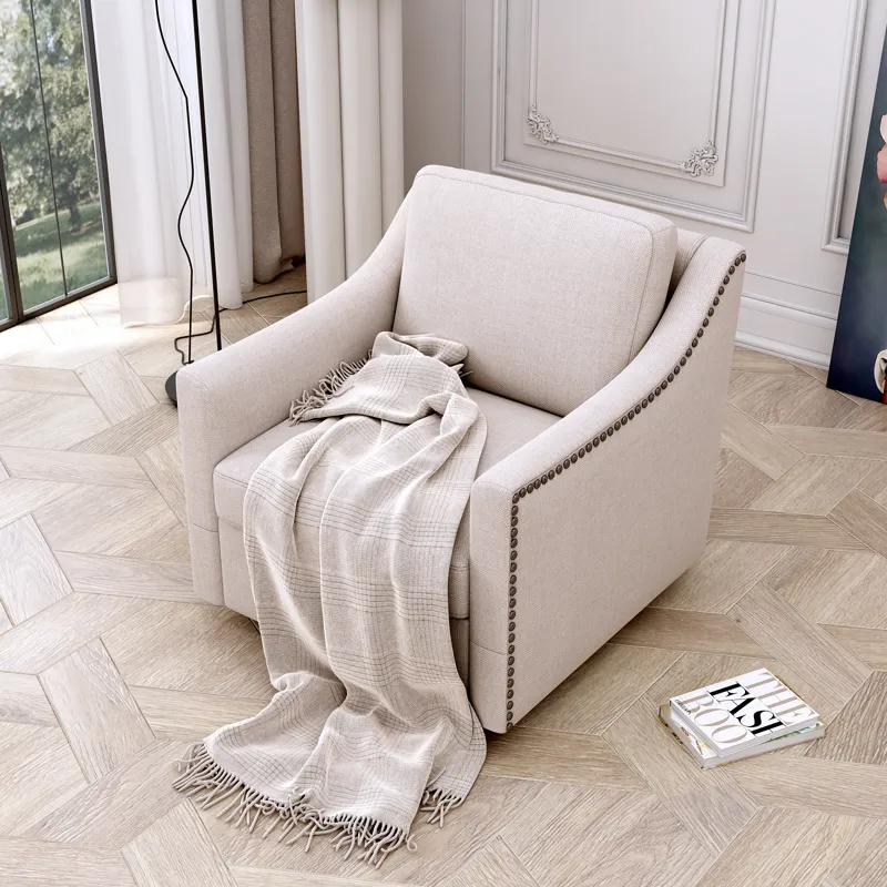 360 Degree Swivel Armchair Cotton Linen Skin-Friendly Fabric Ergonomic Design Brass Nail Decorative 