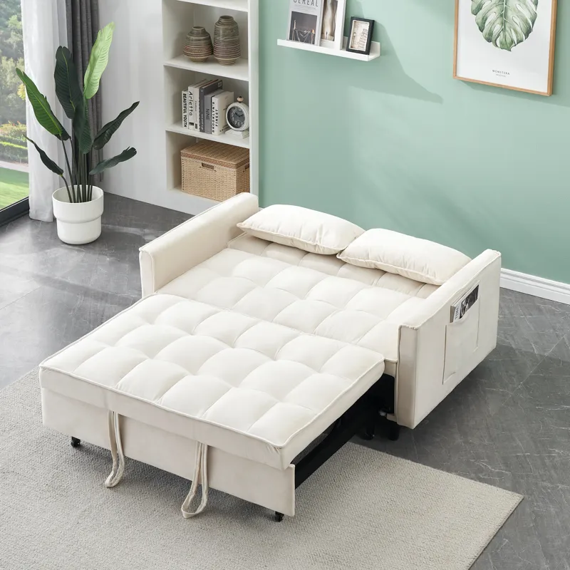 Modern Velvet Sofa, Sofa Pull-Out Bed, Small Love Seat Casual Sofa With Back, With Pillow, Pockets, 