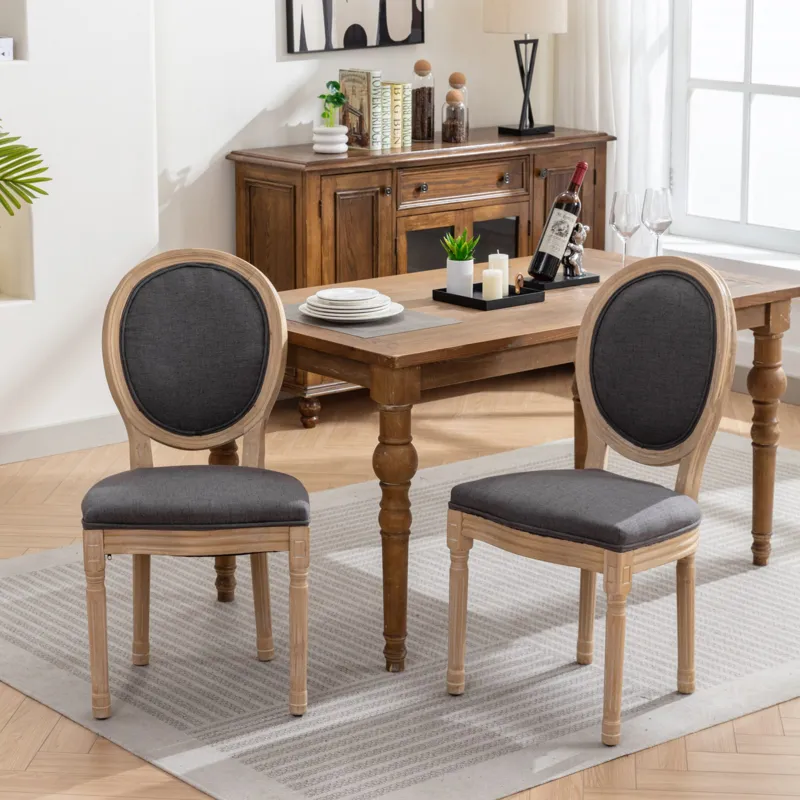 French Style Solid Wood Frame Antique Painting Linen Fabric Back Dining Chair (Set of 2) - Dark Gray