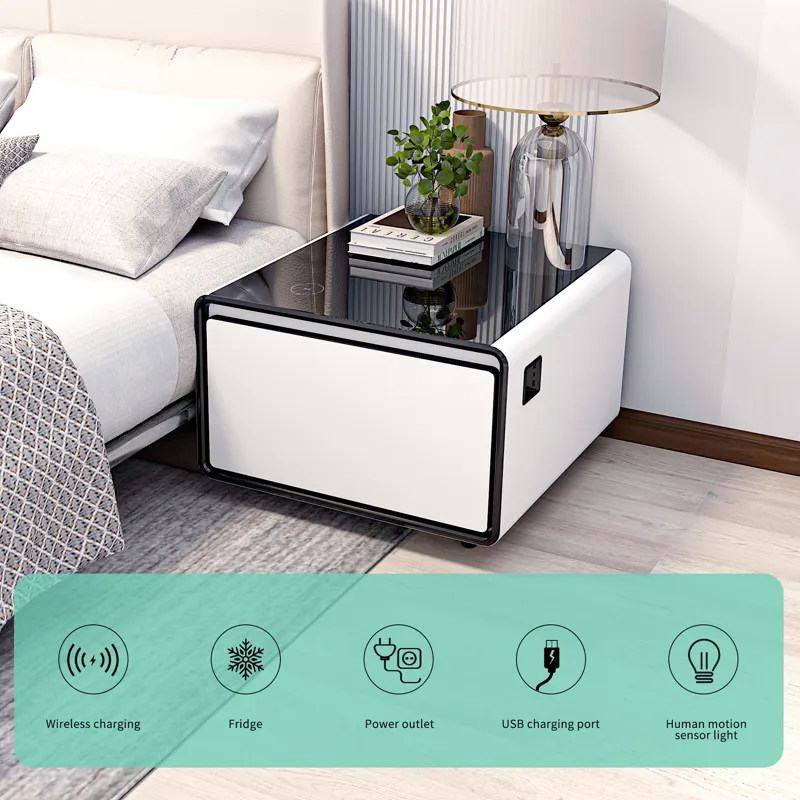 Modern Smart Side Table With Built-In Fridge, Wireless Charging, Temperature Control, Power Socket, 
