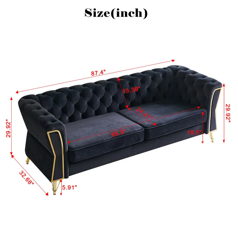 Modern Tufted Velvet Sofa For Living Room - Black