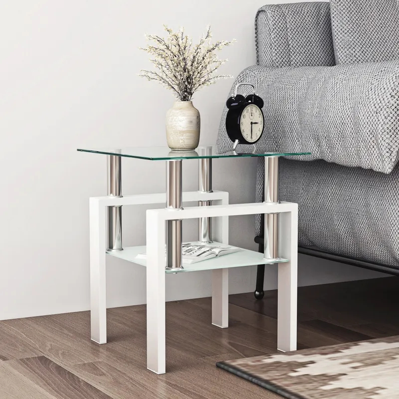 Modern Tempered Glass Tea Table, End Square Table For Living Room - Transparent / White