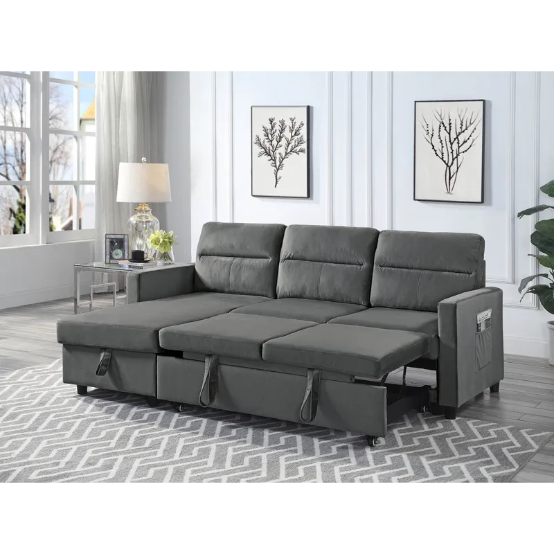 Ivy - Velvet Reversible Sleeper Sectional Sofa With Storage Chaise And Side Pocket - Dark Gray