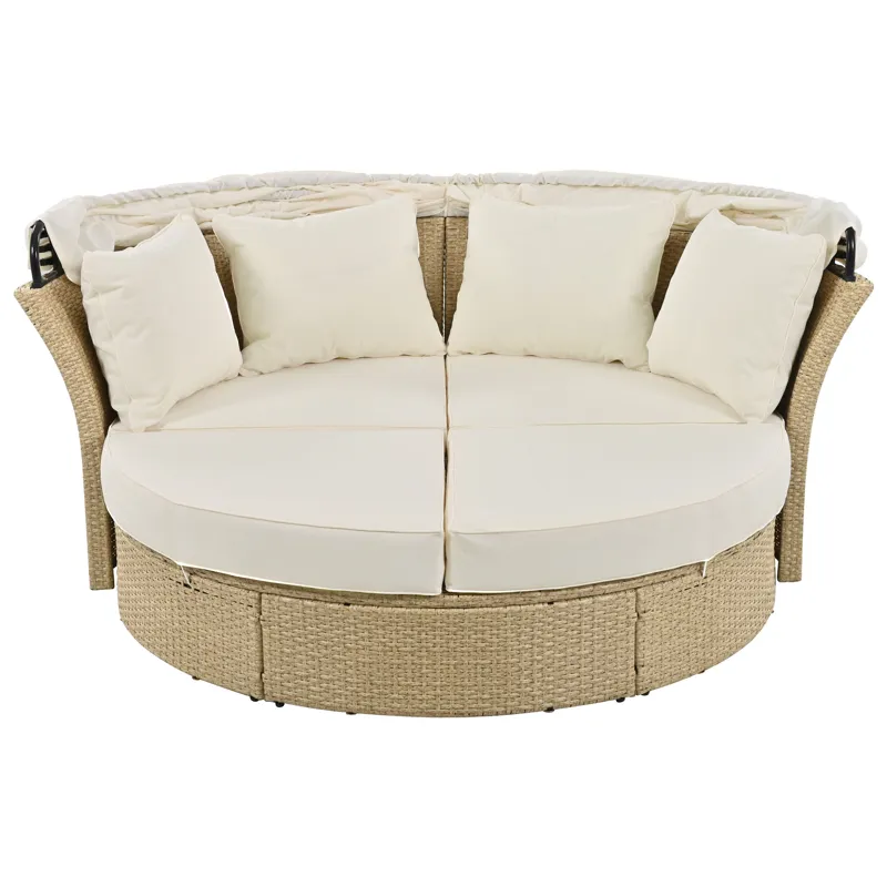 Outdoor Patio Daybed Wicker Rattan Double Daybed Round Sofa Furniture Set With Retractable Canopy, 4