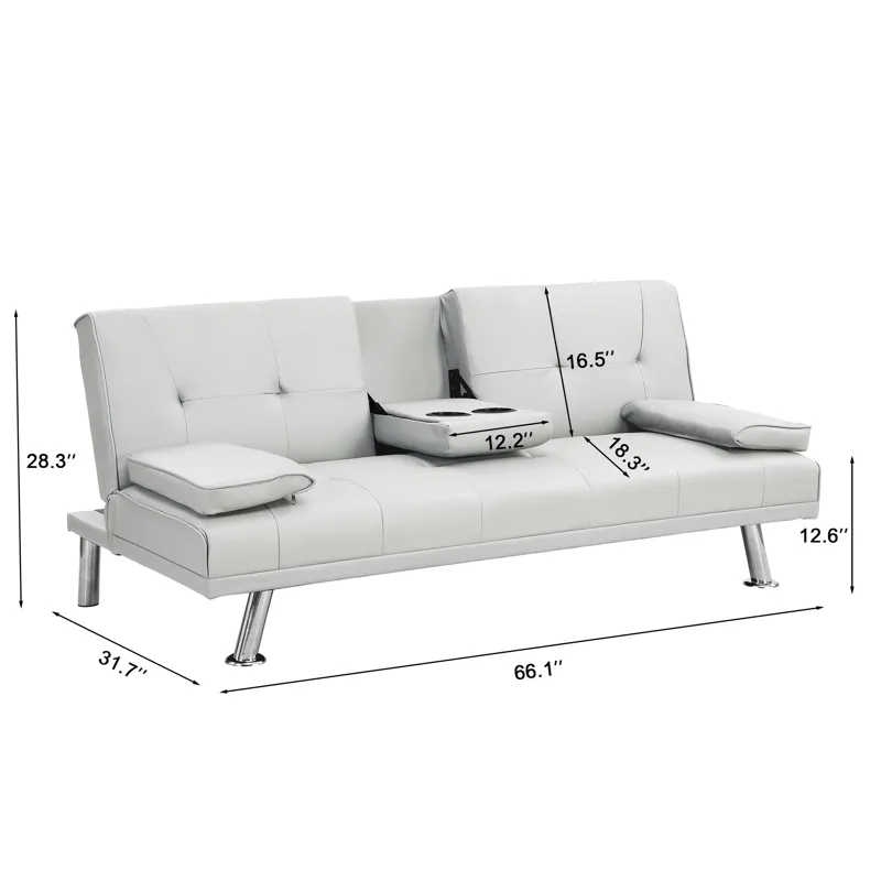 Futon Sofa Bed With Armrest Two Holders - White