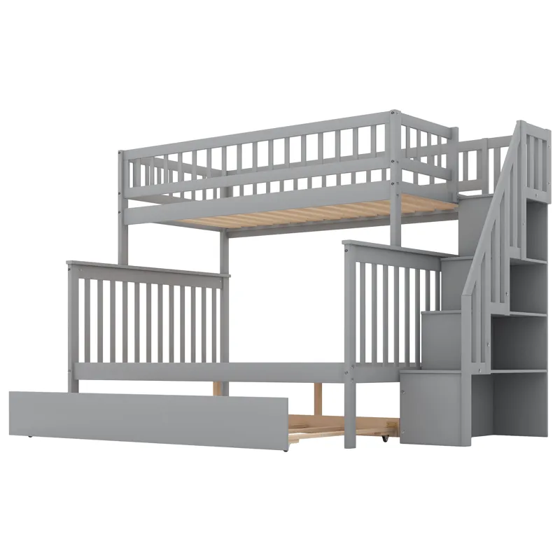 Twin Over Full Bunk Bed With Trundle And Staircase - Gray