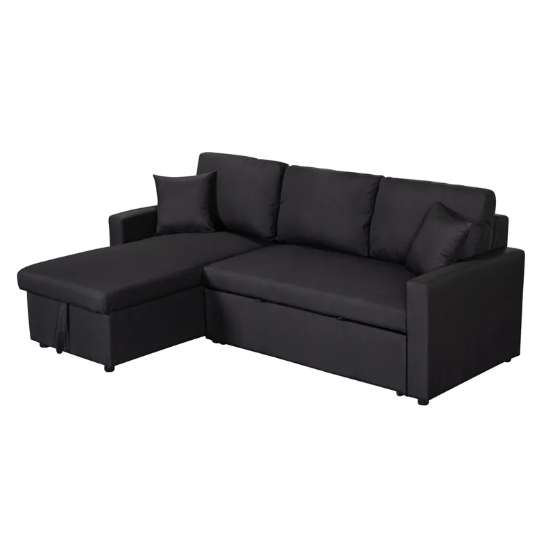 Paisley - Linen Fabric Reversible Sleeper Sectional Sofa With Storage Chaise - Black