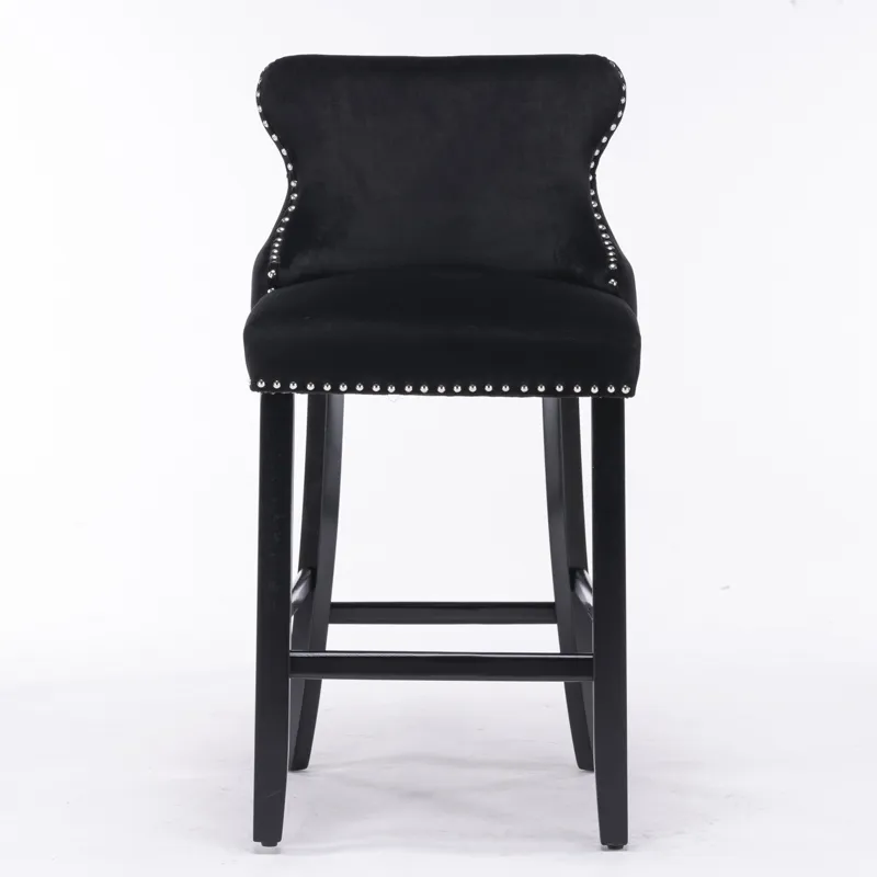 Contemporary Velvet Upholstered Wing-Back Barstools With Button Tufted Decoration And Wooden Legs, A