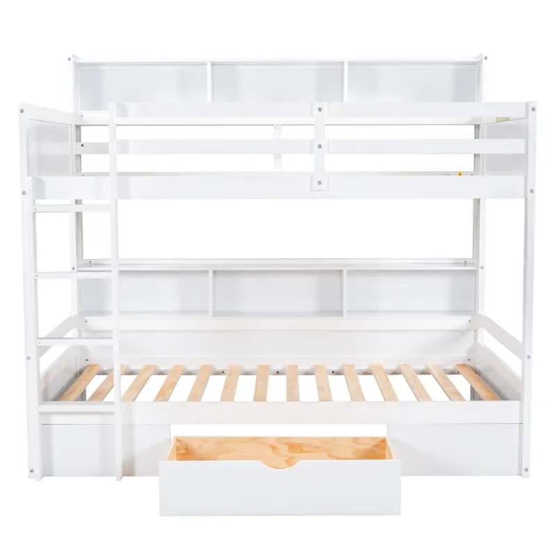 Twin Size Bunk Bed With Built-In Shelves Beside Both Upper And Down Bed And Storage Drawer - White