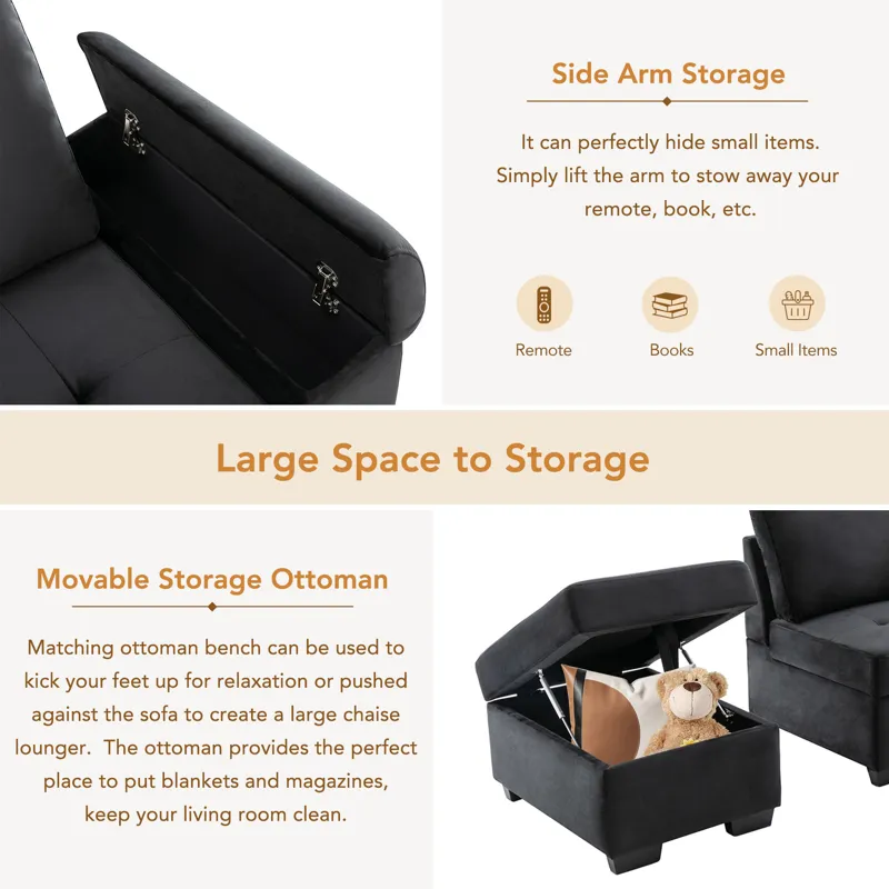 Sleeper Sectional Sofa, L-Shape Corner Couch Sofa Bed With Storage Ottoman & Hidden Arm Storage & US
