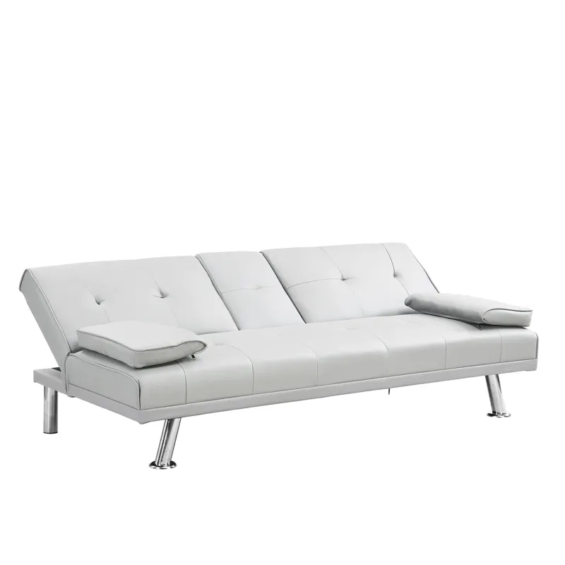 Futon Sofa Bed With Armrest Two Holders - White