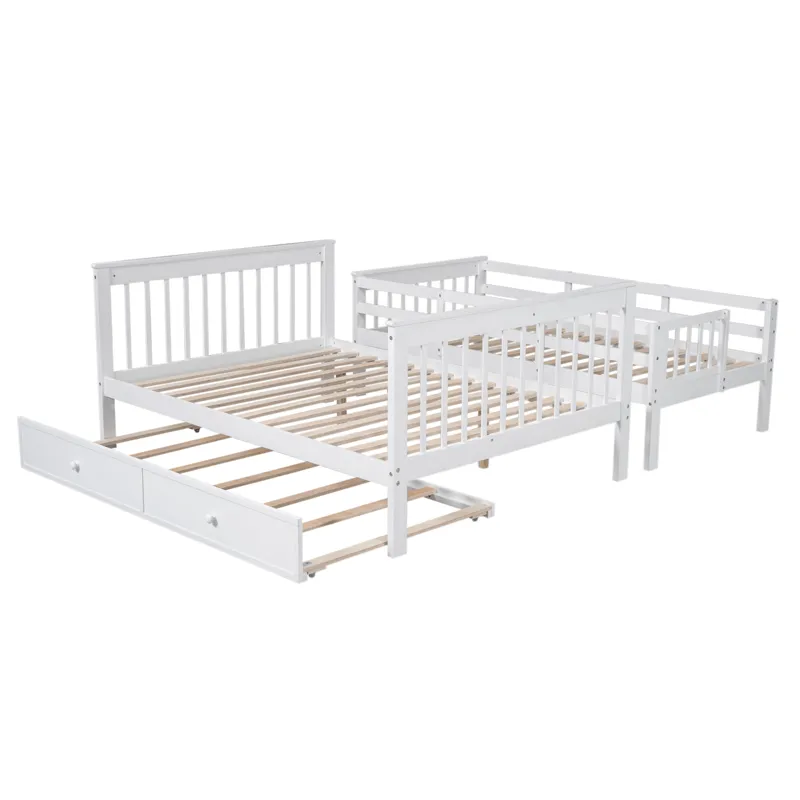 Twin Over Full Bunk Bed With Twin Size Trundle, Storage And Guard Rail For Bedroom, Dorm, For Adults