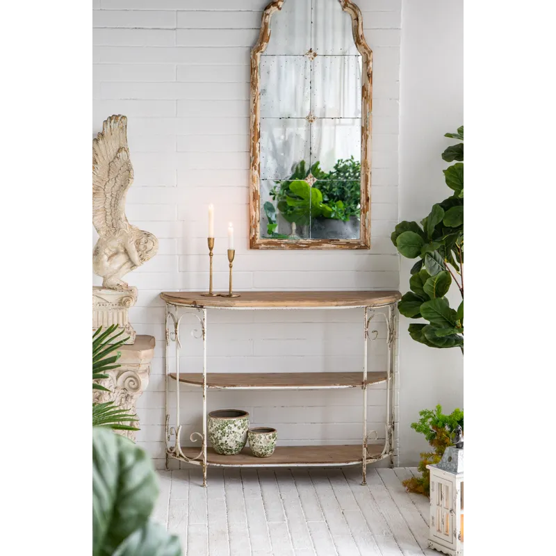 Three Tiered White Wooden Shelving Unit With Ornate Iron Frame - Multicolor
