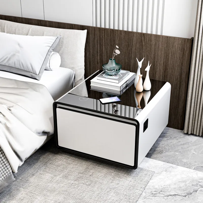 Modern Smart Side Table With Built-In Fridge, Wireless Charging, Temperature Control, Power Socket, 