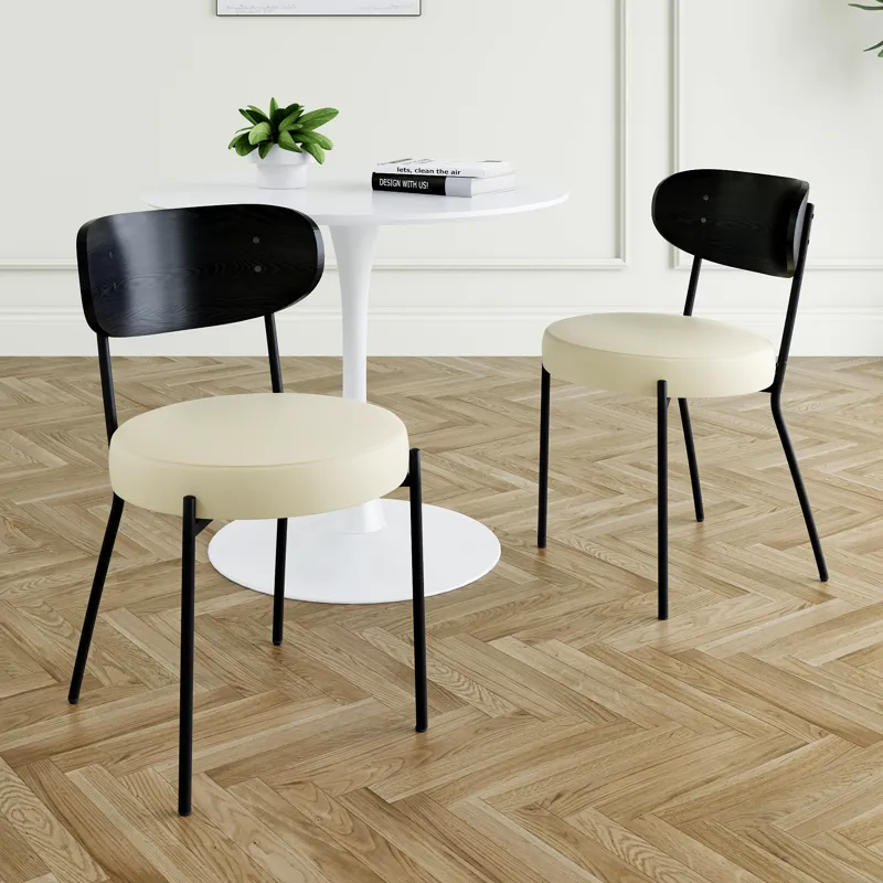 Modern Gray Simple PU Dining Chair Upholstered Chair Family Bedroom Stool Back Dressing, White Round