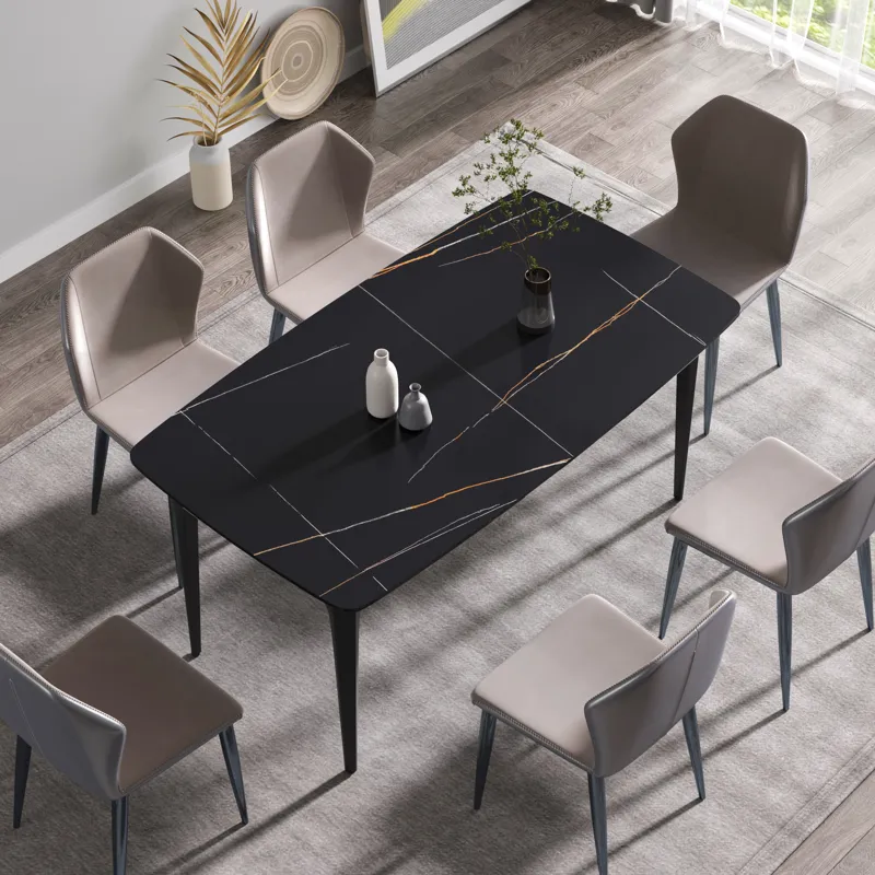 63\" Artificial Stone Black Curved Black Metal Leg Dining Table, 6 People - Black