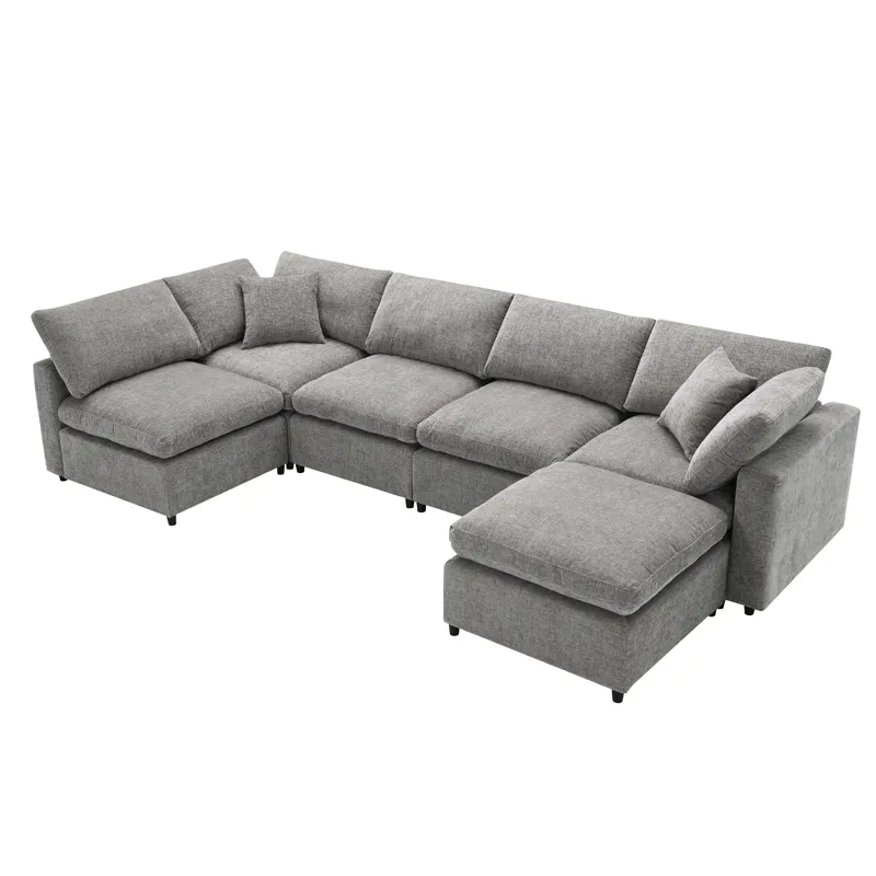 Modern Modular Cloud Sofa Bed, 6 Seat Chenille Sectional Couch Set With Ottoman, Free Combination, C