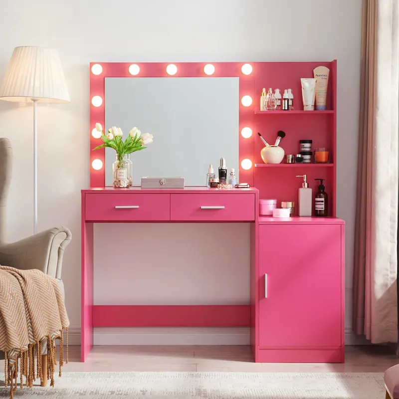 Vanity Desk With Mirror And Lights, 46.4In Dressing Table With 2 Large Drawer & Large Vertical Organ