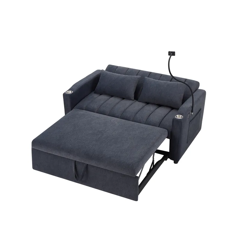 Convertible Sofa Bed Loveseat Sofa With Three USB Ports, Two Side Pockets, Two Cup Holders And 360° 