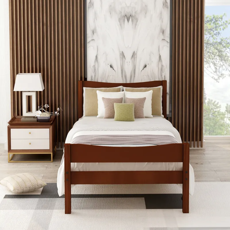 Twin Size Platform Bed With Headboard And Wooden Slat Support Walnut