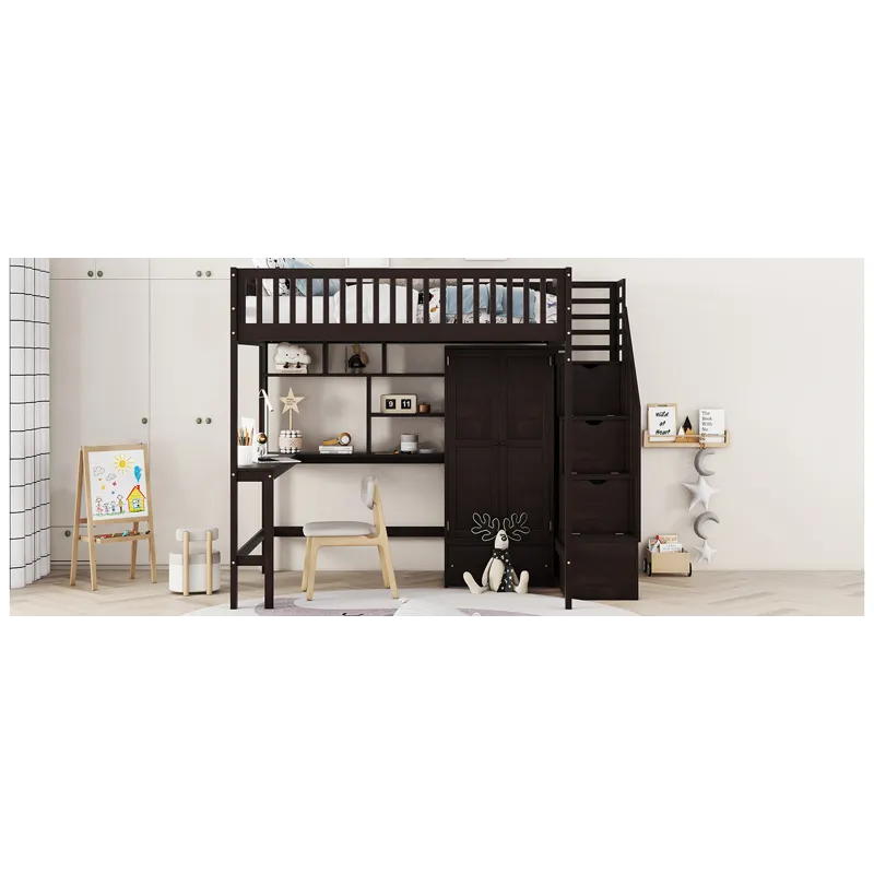 Full Size Loft Bed With Bookshelf, Drawers, Desk, And Wardrobe - Espresso