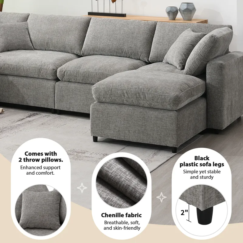 Modern Modular Cloud Sofa Bed, 6 Seat Chenille Sectional Couch Set With Ottoman, Free Combination, C