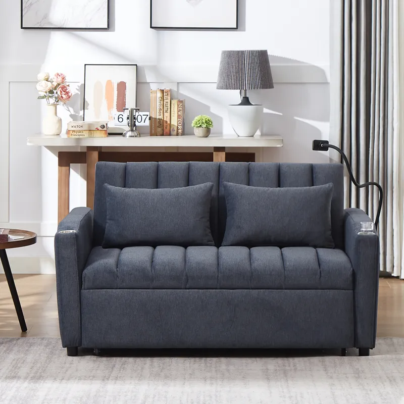 Convertible Sofa Bed Loveseat Sofa With Three USB Ports, Two Side Pockets, Two Cup Holders And 360° 