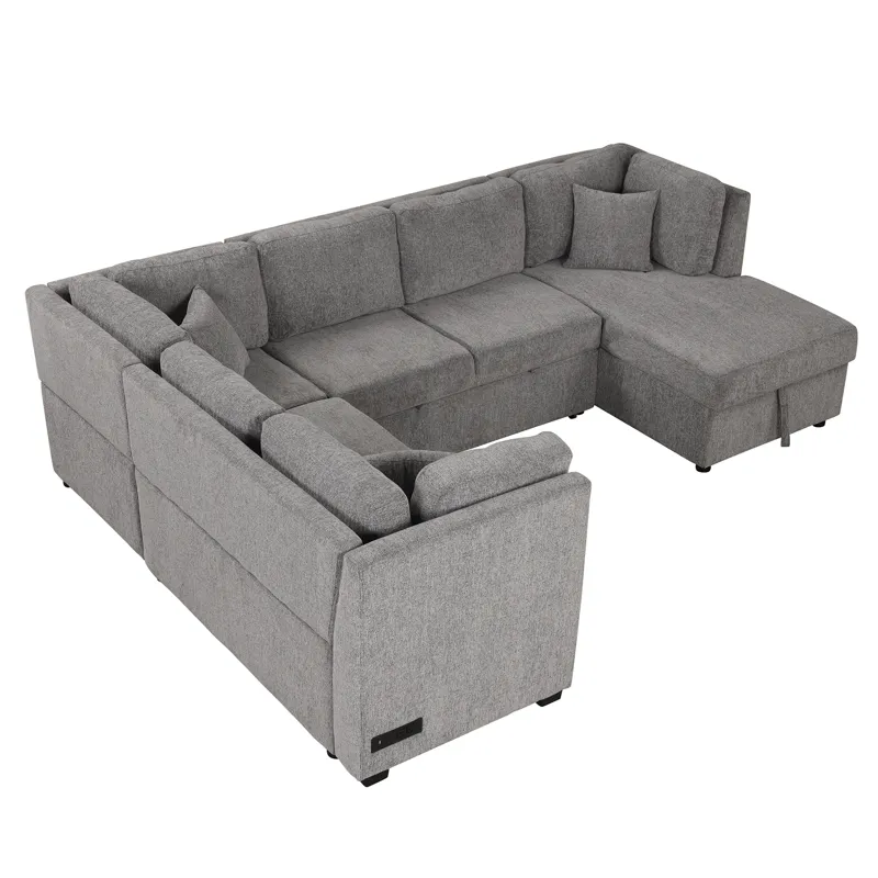 U-Shaped Sectional Sofa Pull Out Sofa Bed With Two USB Ports, Two Power Sockets, Three Back Pillows 