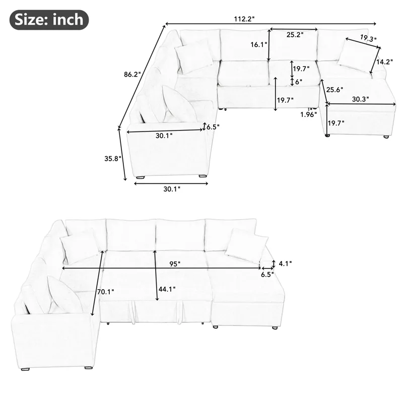 Sectional Sofa Pull-Out Sofa Bed Sleeper With A Storage Ottoman, Three Pillows And Charging Devices 