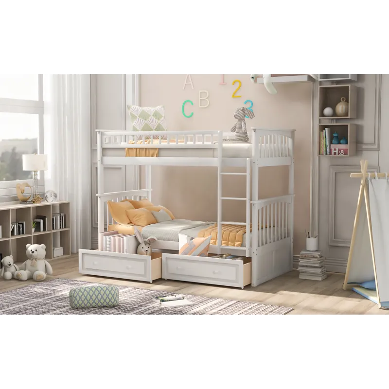 Twin Over Twin Bunk Bed With Drawers, Convertible Beds - White