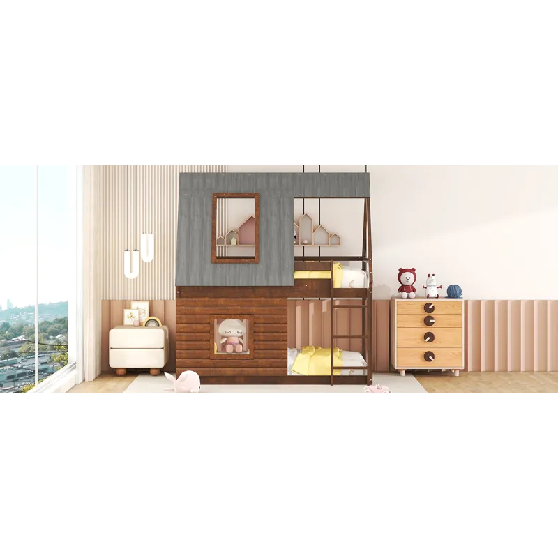 Wood Twin Size House Bunk Bed With Roof, Ladder And 2 Windows - Oak & Smoky Gray