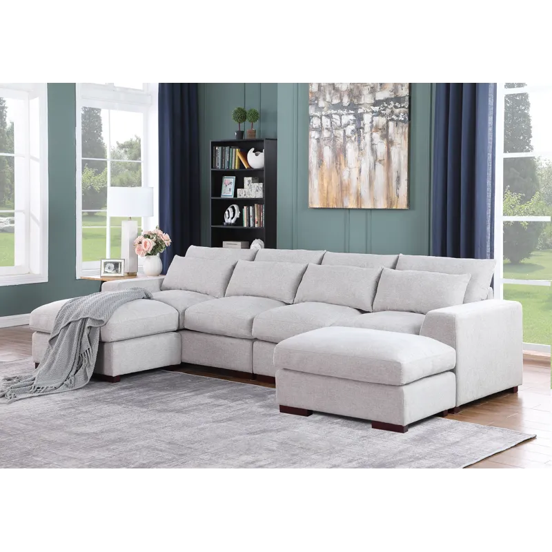 Tatman - Linen Blend Sectional With 2 Ottomans - Light Gray