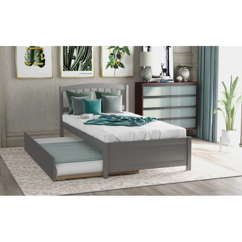 Twin Size Platform Bed Wood Bed Frame With Trundle - Gray