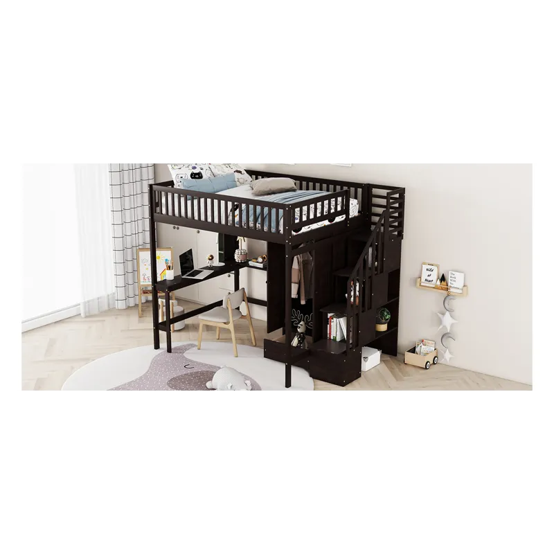 Full Size Loft Bed With Bookshelf, Drawers, Desk, And Wardrobe - Espresso