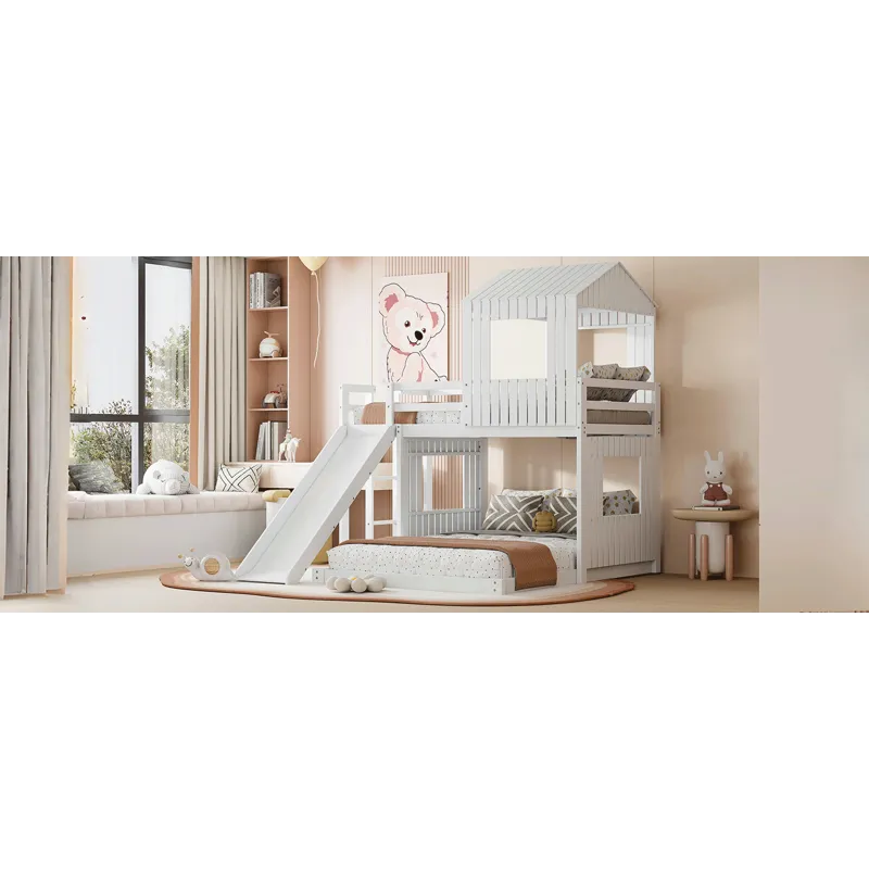 Wooden Twin Over Full Bunk Bed, Loft Bed With Playhouse, Farmhouse, Ladder, Slide And Guardrails - W