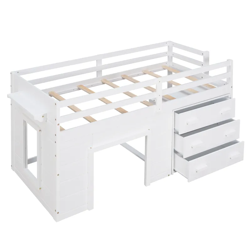 Twin Size Loft Bed With Cabinet And Shelf - White