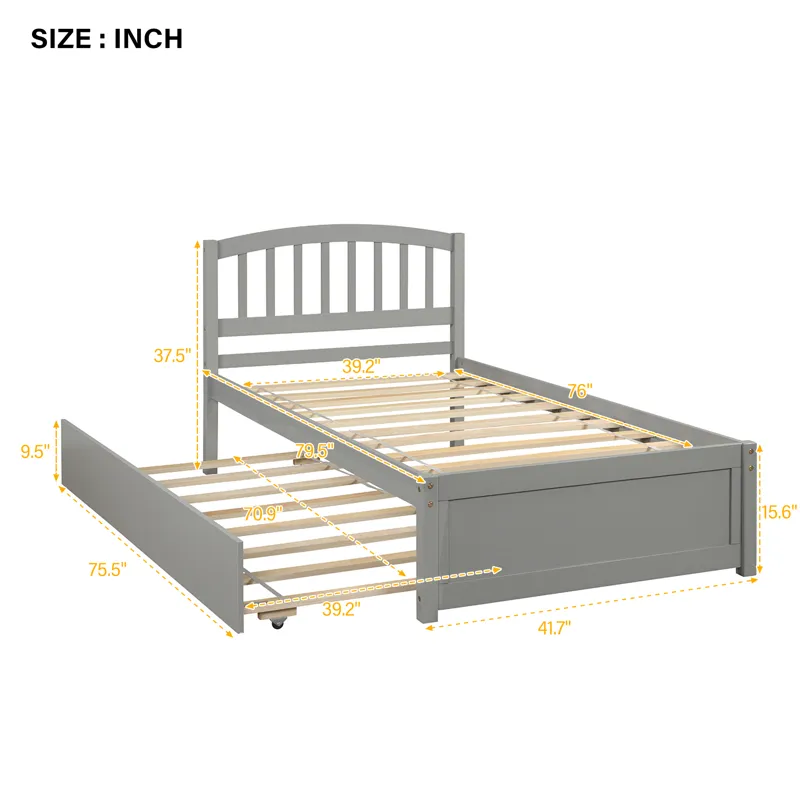 Twin Size Platform Bed Wood Bed Frame With Trundle - Gray