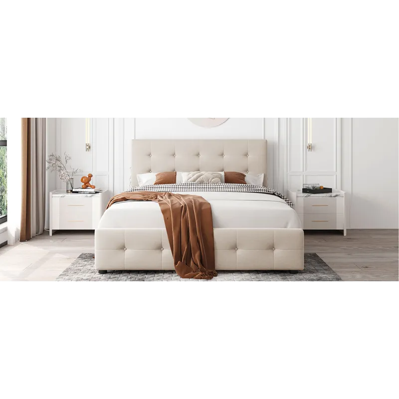 Queen Size Upholstered Platform Bed With Classic Headboard And 4 Drawers, No Box Spring Needed - Bei