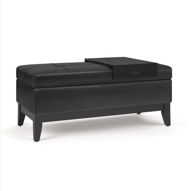 Oregon - Storage Ottoman Bench with Tray - Distressed Black